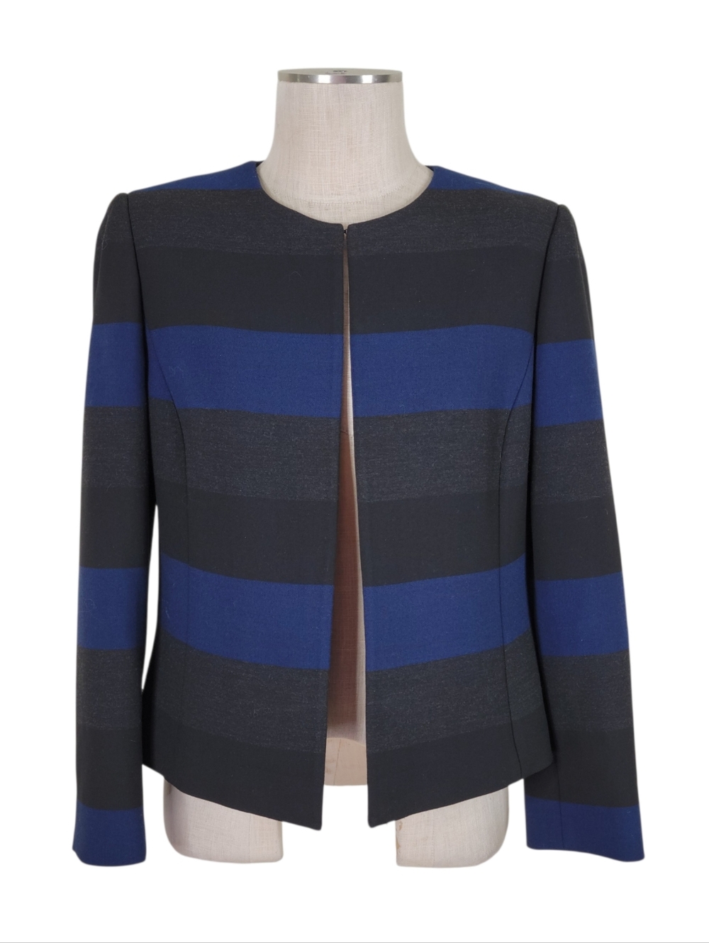 Tahari ASL Blazer Size 10P Blue Gray Black Wide Stripes Open Front Top Hook Eye - Picture 2 of 11